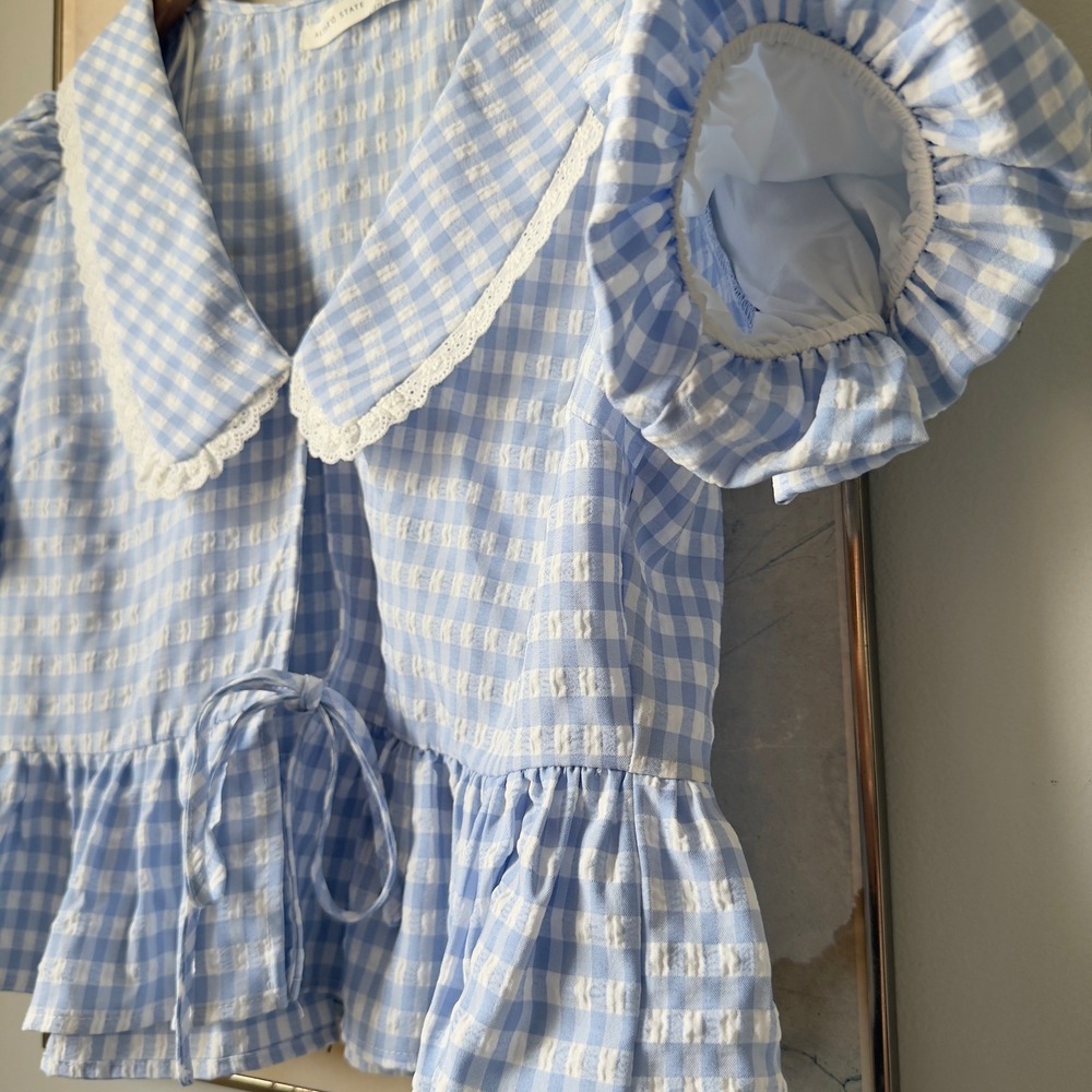 Coquette Blue White Gingham Peter Pan Collar Peplum Puff Sleeve Blouse Large - Picture 3 of 12